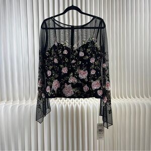 Elegant Formal Floral Embroidered Black Mesh Top with Boning